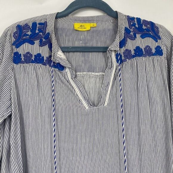 Roller rabbit Navy Pinstriped boho peasant blouse top Hand embroidered 100% Cott - Picture 3 of 14
